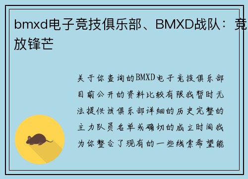 bmxd电子竞技俱乐部、BMXD战队：竞放锋芒