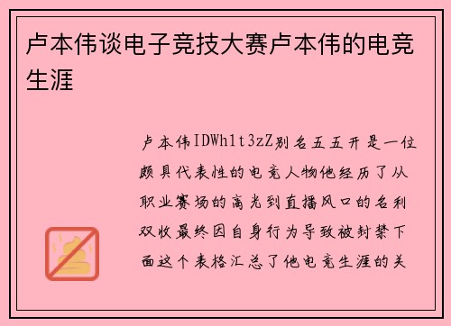 卢本伟谈电子竞技大赛卢本伟的电竞生涯
